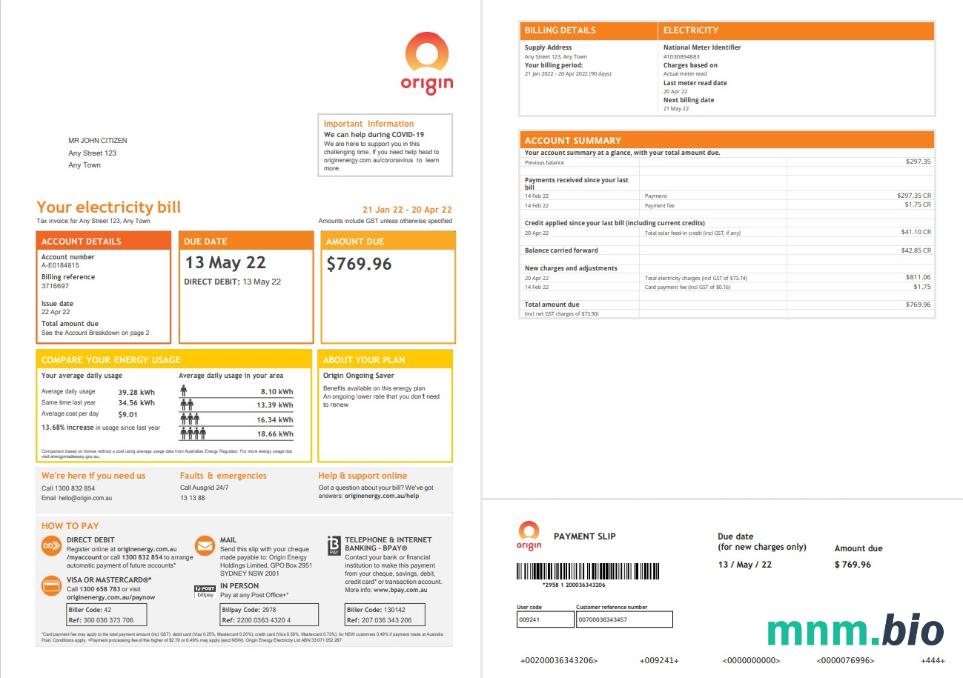 Australia Origin rachunek za media, Word i PDF template, 4 strony 1 2
